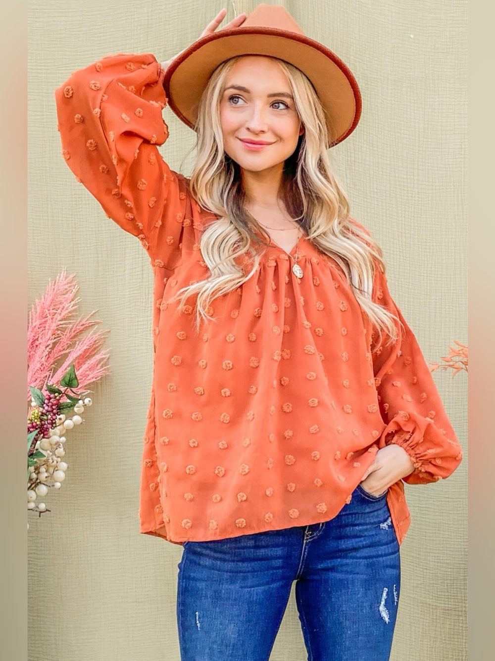 And The Why Swiss Dot V Neck Balloon Sleeve Woven Blouse